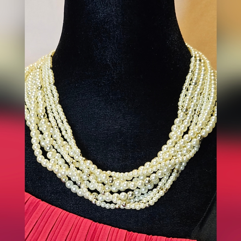 Stunning Multi-Strand Cream Faux Pearl Statement Necklace – Gold Accents